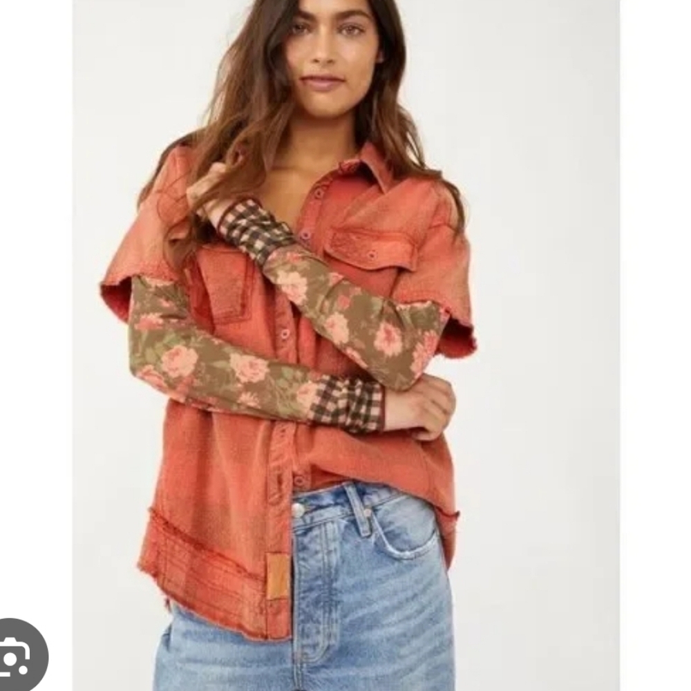 Free People Flower Fields Twofer Flannel Top Sheer Floral Sleeves Small Orange - Picture 2 of 11